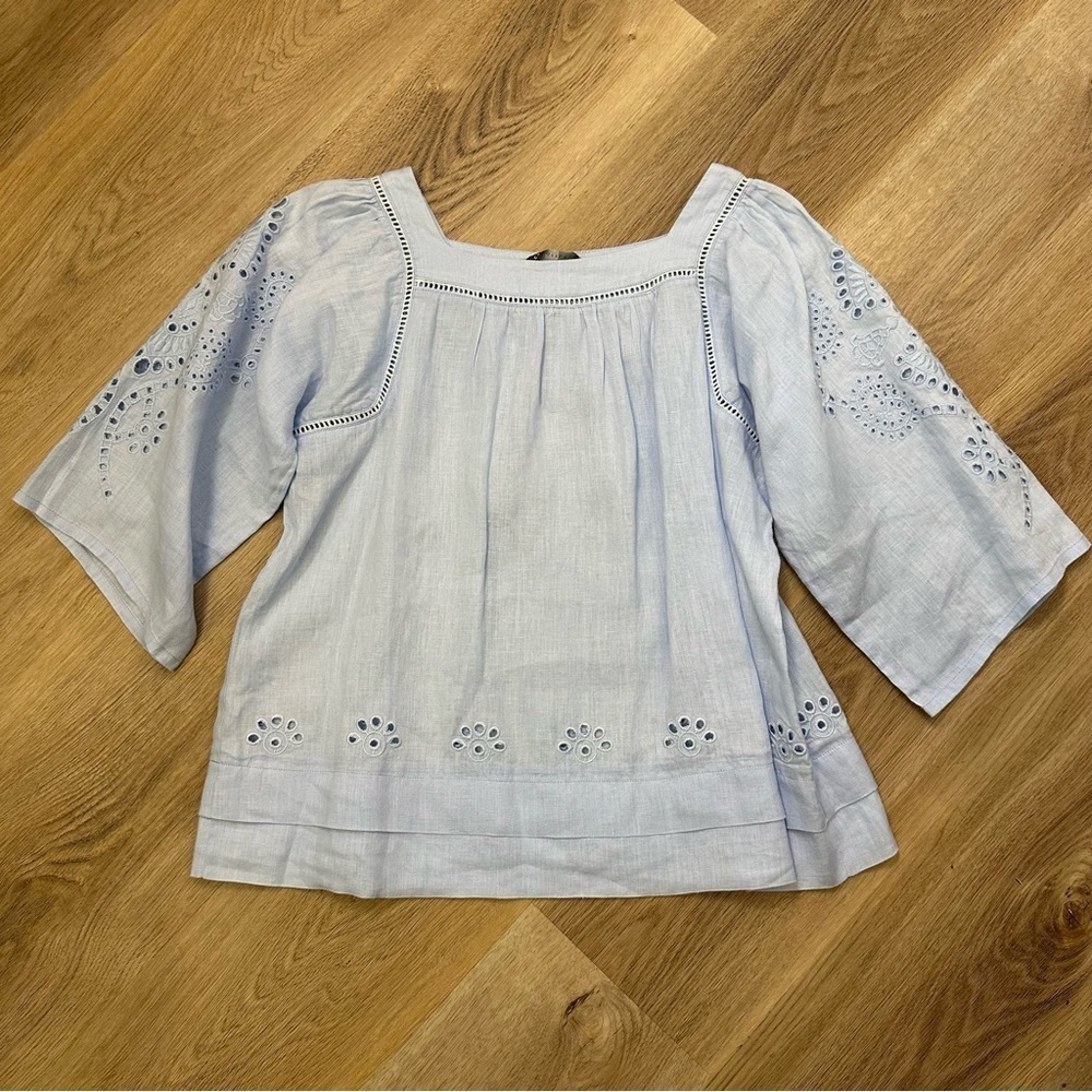 Elliott Lauren Blue Linen Embroidered Blouse size S